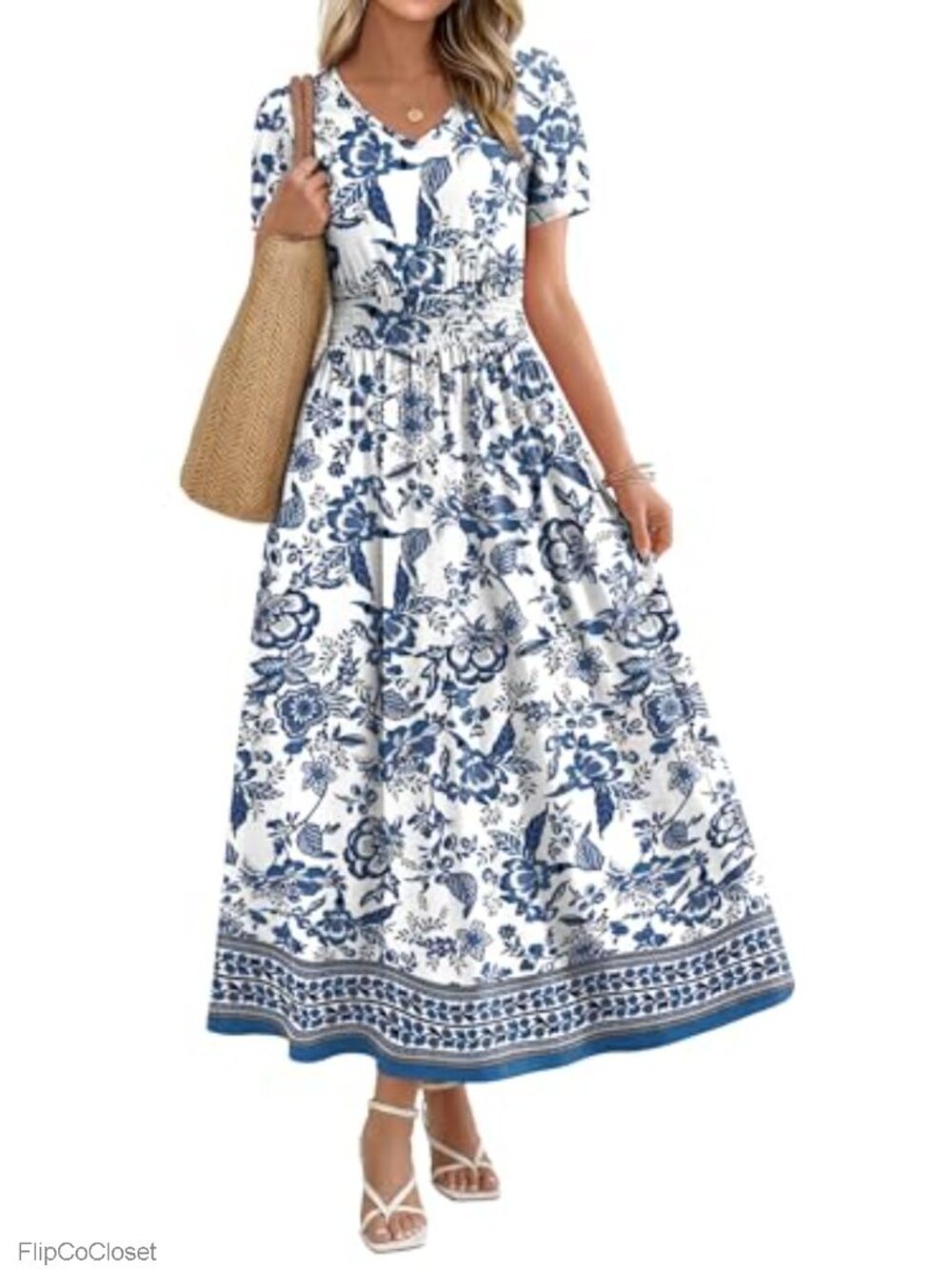 V Neck Maxi Dress A-Line Smocked Waist Long Flowy Dress 95% Polyester 5% Spandex